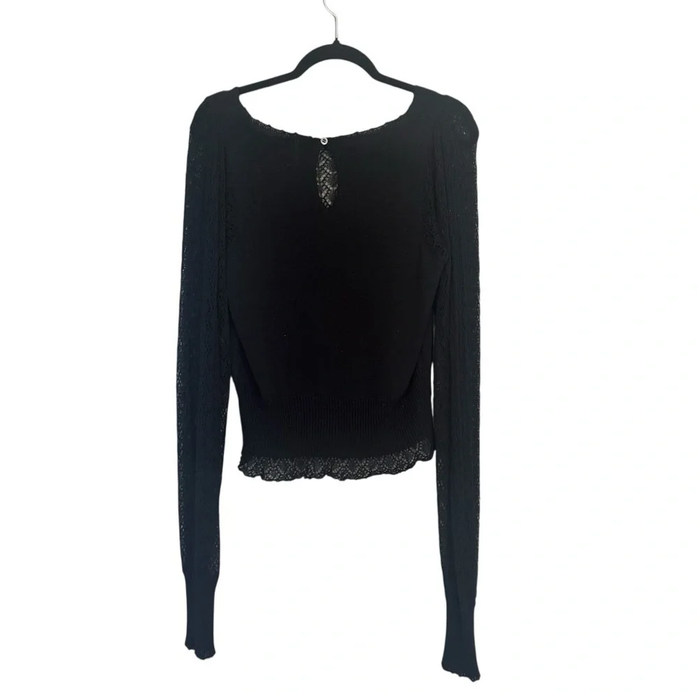 Free People Black Knit Lace Long Sleeve Top with Keyhole Back